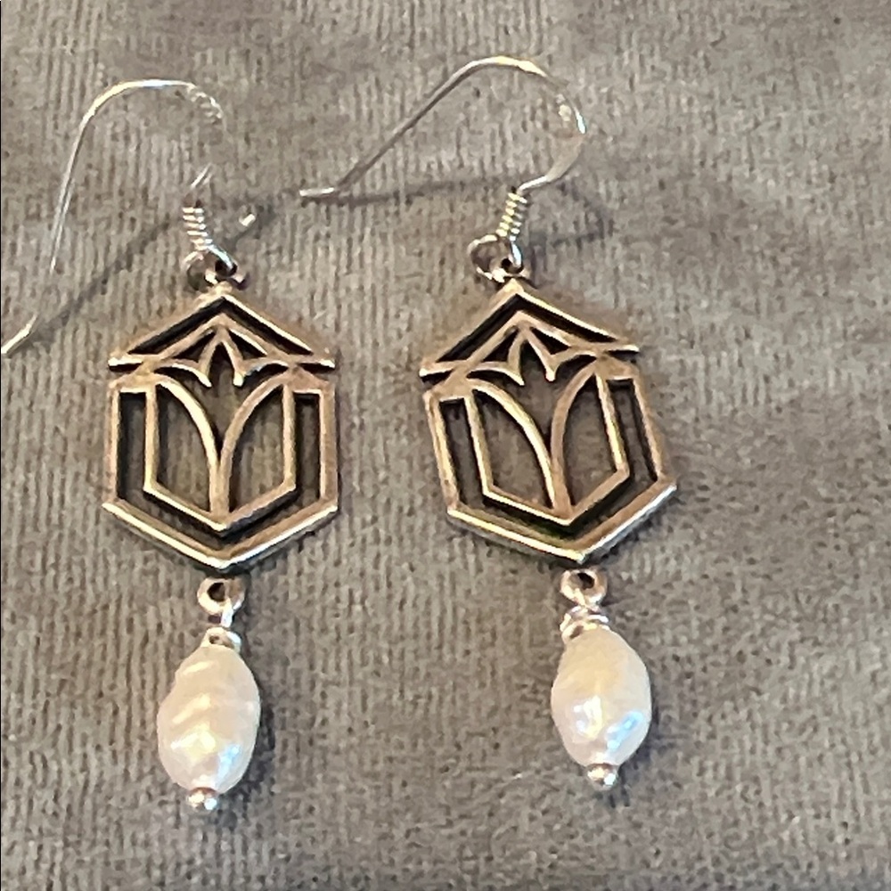Art Deco inspired, oxidized Sterling 925 & freshwater pearl dangle earrings - Picture 4 of 8